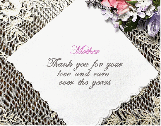 Mother of the bride gift - embroidered handkerchief for mom from her daughter/ son on their wedding day - white cotton handkerchief, scalloped edges, 11" x 11" - this mother of the bride wedding handkerchief will always be a cherished gift - the perfect gift you are looking for - Borgmanns Creations - 4