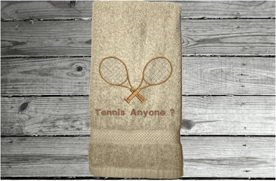 Beige tennis towel - embroidered sports hand towel for the tennis player, personalized sweat towel for him/ her. Home decor for bathroom or kitchen. Terry towel soft and absorbent 16" x 27" - Borgmanns Creations 