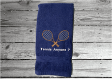 Load image into Gallery viewer, Blue  tennis towel - embroidered sports hand towel for the tennis player, personalized sweat towel for him/ her. Home decor for bathroom or kitchen. Terry towel soft and absorbent 16&quot; x 27&quot; - Borgmanns Creations 
