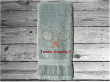 Load image into Gallery viewer, Gray  tennis towel - embroidered sports hand towel for the tennis player, personalized sweat towel for him/ her. Home decor for bathroom or kitchen. Terry towel soft and absorbent 16&quot; x 27&quot; - Borgmanns Creations 

