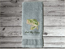 Load image into Gallery viewer, Gray nautical decorative hand towel of a big mouth bass for the beach or lake home, personalized house warming or birthday gift for the fisherman, to put with his fishing gear. The bass  is a great design for the bathroom/ kitchen decor. Embroidered on a terry premium soft and absorbent towel 16&quot; x 27&quot; - Borgmanns Creations - 1
