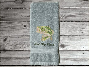 Gray nautical decorative hand towel of a big mouth bass for the beach or lake home, personalized house warming or birthday gift for the fisherman, to put with his fishing gear. The bass  is a great design for the bathroom/ kitchen decor. Embroidered on a terry premium soft and absorbent towel 16" x 27" - Borgmanns Creations - 1
