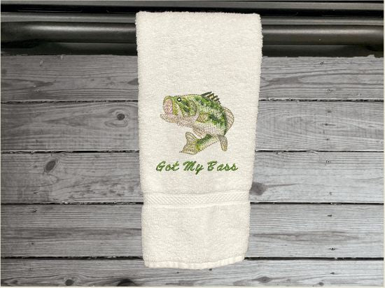 White nautical decorative hand towel of a big mouth bass for the beach or lake home, personalized house warming or birthday gift for the fisherman, to put with his fishing gear. The bass  is a great design for the bathroom/ kitchen decor. Embroidered on a terry premium soft and absorbent towel 16" x 30" - Borgmanns Creations - 2
