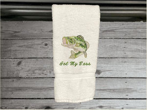 White nautical decorative hand towel of a big mouth bass for the beach or lake home, personalized house warming or birthday gift for the fisherman, to put with his fishing gear. The bass  is a great design for the bathroom/ kitchen decor. Embroidered on a terry premium soft and absorbent towel 16" x 30" - Borgmanns Creations - 2