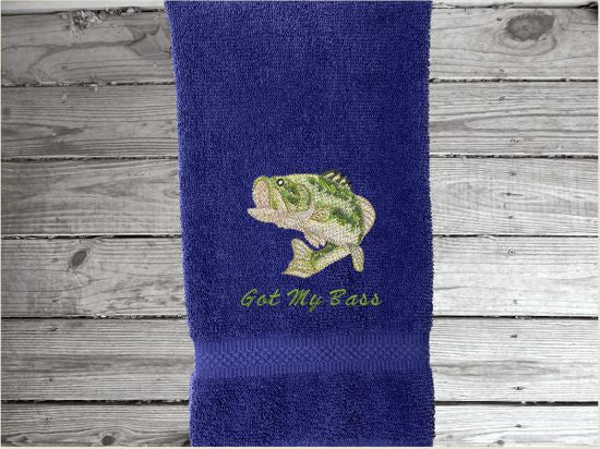 Blue nautical decorative hand towel of a big mouth bass for the beach or lake home, personalized house warming or birthday gift for the fisherman, to put with his fishing gear. The bass  is a great design for the bathroom/ kitchen decor. Embroidered on a terry premium soft and absorbent towel 16" x 27" - Borgmanns Creations - 4