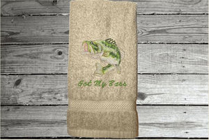 Beige nautical decorative hand towel of a big mouth bass for the beach or lake home, personalized house warming or birthday gift for the fisherman, to put with his fishing gear. The bass  is a great design for the bathroom/ kitchen decor. Embroidered on a terry premium soft and absorbent towel 16" x 27" - Borgmanns Creations - 5