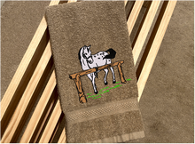 Load image into Gallery viewer, Beige hand towel western decor - horse lovers gift - farmhouse decor - embroidered western birthday gift idea - bathroom decor - kitchen decor -  gift for him- den or work in the barn - housewarming gift for friend - Borgmanns Creations 1
