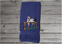 Load image into Gallery viewer, Blue hand towel western decor - horse lovers gift - farmhouse decor - embroidered western birthday gift idea - bathroom decor - kitchen decor -  gift for him- den or work in the barn - housewarming gift for friend - Borgmanns Creations 2
