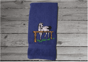 Blue hand towel western decor - horse lovers gift - farmhouse decor - embroidered western birthday gift idea - bathroom decor - kitchen decor -  gift for him- den or work in the barn - housewarming gift for friend - Borgmanns Creations 2