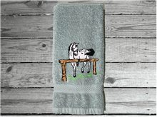 Load image into Gallery viewer, Gray hand towel western decor - horse lovers gift - farmhouse decor - embroidered western birthday gift idea - bathroom decor - kitchen decor -  gift for him- den or work in the barn - housewarming gift for friend - Borgmanns Creations 4
