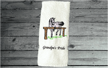 Load image into Gallery viewer, White hand towel western decor - horse lovers gift - farmhouse decor - embroidered western birthday gift idea - bathroom decor - kitchen decor -  gift for him- den or work in the barn - housewarming gift for friend - Borgmanns Creations 5
