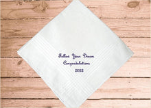 Load image into Gallery viewer, Embroidered white cotton handkerchief satin strips, 16&quot; x 16&quot;, makes a great graduation gift, a grad from high school, collage, or special school, new job gift, wedding gift, or can be a gift for dads, uncles, brothers, friend, a small remembrance of a wonderful occasion - Borgmanns Creations -2
