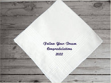 Load image into Gallery viewer, Embroidered white cotton handkerchief satin strips, 16&quot; x 16&quot;, makes a great graduation gift, a grad from high school, collage, or special school, new job gift, wedding gift, or can be a gift for dads, uncles, brothers, friend, a small remembrance of a wonderful occasion - Borgmanns Creations -3
