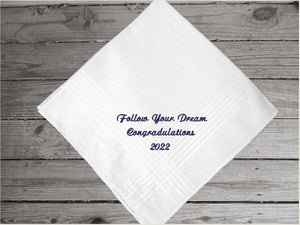 Embroidered white cotton handkerchief satin strips, 16" x 16", makes a great graduation gift, a grad from high school, collage, or special school, new job gift, wedding gift, or can be a gift for dads, uncles, brothers, friend, a small remembrance of a wonderful occasion - Borgmanns Creations -3