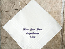 Load image into Gallery viewer, Embroidered white cotton handkerchief satin strips, 16&quot; x 16&quot;, makes a great graduation gift, a grad from high school, collage, or special school, new job gift, wedding gift, or can be a gift for dads, uncles, brothers, friend, a small remembrance of a wonderful occasion - Borgmanns Creations - 4
