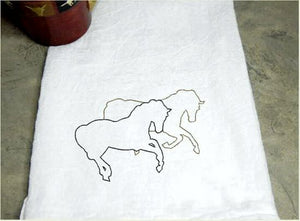 Embroidered Horses on a white tea towel flour sack  29" x 29" farmhouse kitchen decor, dish towel ranch house decor, pick your thread color for your names and or text. Order one for your best friend gift or give as a housewarming gift - Borgmanns Creations 