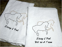 Load image into Gallery viewer, Embroidered Horses on a white tea towel flour sack  29&quot; x 29&quot; farmhouse kitchen decor, dish towel ranch house decor, pick your thread color for your names and or text. Order one for your best friend gift or give as a housewarming gift - Borgmanns Creations 
