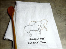 Load image into Gallery viewer, Embroidered Horses on a white tea towel flour sack 29&quot; x 29&quot; personalize with names and text farmhouse kitchen decor, dish towel ranch house decor, pick your thread color for your names and or text. Order one for your best friend gift or give as a housewarming gift - Borgmanns Creations
