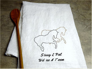 Embroidered Horses on a white tea towel flour sack 29" x 29" personalize with names and text farmhouse kitchen decor, dish towel ranch house decor, pick your thread color for your names and or text. Order one for your best friend gift or give as a housewarming gift - Borgmanns Creations