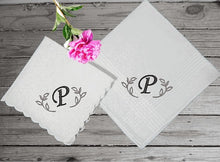 Load image into Gallery viewer, Couples gift for the bride/groom wedding -  mother/father anniversary - celebrate that special day - personalized embroidered with an initial order just one lady or man for a birthday gift - Cotton handkerchief lady 11&quot; x 11&quot; man 16&quot; x 16&quot; - Borgmanns Creations - 1
