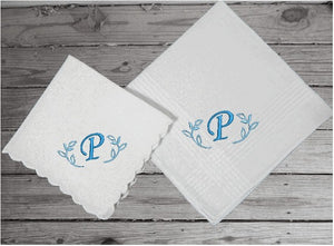 Couples gift for the bride/groom wedding -  mother/father anniversary - celebrate that special day - personalized embroidered with an initial order just one lady or man for a birthday gift - Cotton handkerchief lady 11" x 11" man 16" x 16" - Borgmanns Creations - 