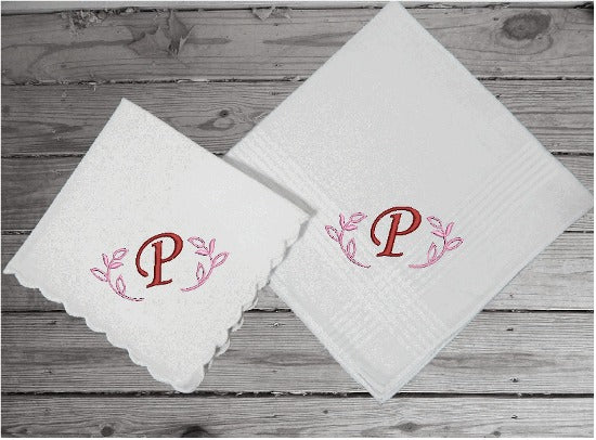 Couples gift for the bride/groom wedding -  mother/father anniversary - celebrate that special day - personalized embroidered with an initial order just one lady or man for a birthday gift - Cotton handkerchief lady 11" x 11" man 16" x 16" - Borgmanns Creations - 3