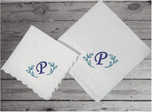 Load image into Gallery viewer, Couples gift for the bride/groom wedding -  mother/father anniversary - celebrate that special day - personalized embroidered with an initial order just one lady or man for a birthday gift - Cotton handkerchief lady 11&quot; x 11&quot; man 16&quot; x 16&quot; - Borgmanns Creations - 4
