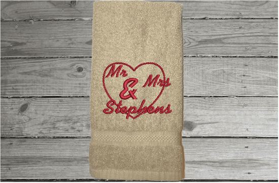 Personalized beige hand towel set - wedding gift bride and groom - bathroom decor -bridal shower or wedding gift - personalize with with Mr. Mrs. or with their names - home decor new couple - Borgmanns Creations 2