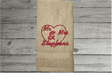 Load image into Gallery viewer, Personalized beige hand towel set - wedding gift bride and groom - bathroom decor -bridal shower or wedding gift - personalize with with Mr. Mrs. or with their names - home decor new couple - Borgmanns Creations 2
