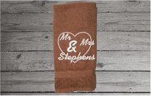 Load image into Gallery viewer, Personalized brown hand towel set - wedding gift bride and groom - bathroom decor -bridal shower or wedding gift - personalize with with Mr. Mrs. or with their names - home decor new couple - Borgmanns Creations 3
