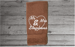 Personalized brown hand towel set - wedding gift bride and groom - bathroom decor -bridal shower or wedding gift - personalize with with Mr. Mrs. or with their names - home decor new couple - Borgmanns Creations 3