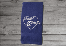 Load image into Gallery viewer, Personalized blue hand towel set - wedding gift bride and groom - bathroom decor -bridal shower or wedding gift - personalize with with Mr. Mrs. or with their names - home decor new couple - Borgmanns Creations 4
