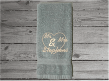 Load image into Gallery viewer, Personalized gray hand towel set - wedding gift bride and groom - bathroom decor -bridal shower or wedding gift - personalize with with Mr. Mrs. or with their names - home decor new couple - Borgmanns Creations 5
