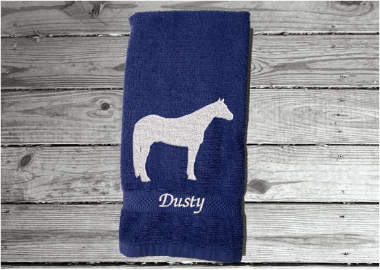 Blue Quarter Horse hand towel home decor for bathroom or kitchen, cotton terry towel soft and absorbent, 16" x 27", embroidered quarter horse design, western decor for the horse lovers and their family - Borgmanns Creations 