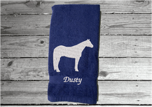 Load image into Gallery viewer, Blue Quarter Horse hand towel home decor for bathroom or kitchen, cotton terry towel soft and absorbent, 16&quot; x 27&quot;, embroidered quarter horse design, western decor for the horse lovers and their family - Borgmanns Creations 
