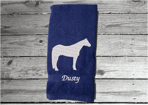 Blue Quarter Horse hand towel home decor for bathroom or kitchen, cotton terry towel soft and absorbent, 16" x 27", embroidered quarter horse design, western decor for the horse lovers and their family - Borgmanns Creations 