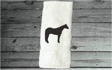Load image into Gallery viewer, White Quarter Horse hand towel home decor for bathroom or kitchen, cotton terry towel soft and absorbent, 16&quot; x 30&quot;, embroidered quarter horse design, western decor for the horse lovers and their family - Borgmanns Creations 
