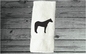 White Quarter Horse hand towel home decor for bathroom or kitchen, cotton terry towel soft and absorbent, 16" x 30", embroidered quarter horse design, western decor for the horse lovers and their family - Borgmanns Creations 