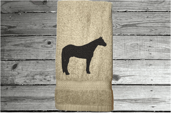 Beige Quarter Horse hand towel home decor for bathroom or kitchen, cotton terry towel soft and absorbent, 16" x 27", embroidered quarter horse design, western decor for the horse lovers and their family - Borgmanns Creations 