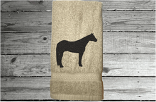 Load image into Gallery viewer, Beige Quarter Horse hand towel home decor for bathroom or kitchen, cotton terry towel soft and absorbent, 16&quot; x 27&quot;, embroidered quarter horse design, western decor for the horse lovers and their family - Borgmanns Creations 
