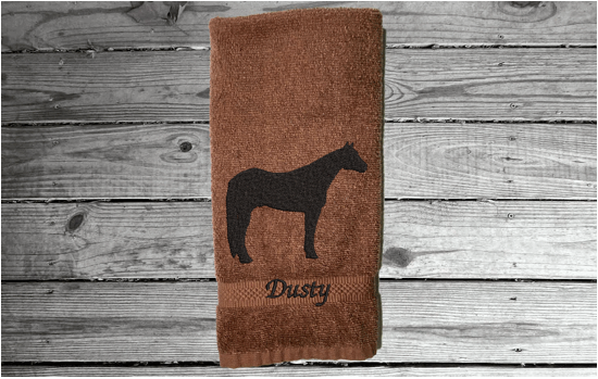 Brown Quarter Horse hand towel home decor for bathroom or kitchen, cotton terry towel soft and absorbent, 16" x 27", embroidered quarter horse design, western decor for the horse lovers and their family - Borgmanns Creations  