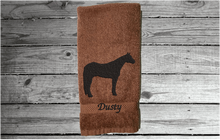 Load image into Gallery viewer, Brown Quarter Horse hand towel home decor for bathroom or kitchen, cotton terry towel soft and absorbent, 16&quot; x 27&quot;, embroidered quarter horse design, western decor for the horse lovers and their family - Borgmanns Creations  
