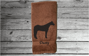Brown Quarter Horse hand towel home decor for bathroom or kitchen, cotton terry towel soft and absorbent, 16" x 27", embroidered quarter horse design, western decor for the horse lovers and their family - Borgmanns Creations  