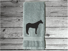 Load image into Gallery viewer, Gray Quarter Horse hand towel home decor for bathroom or kitchen, cotton terry towel soft and absorbent, 16&quot; x 27&quot;, embroidered quarter horse design, western decor for the horse lovers and their family - Borgmanns Creations  
