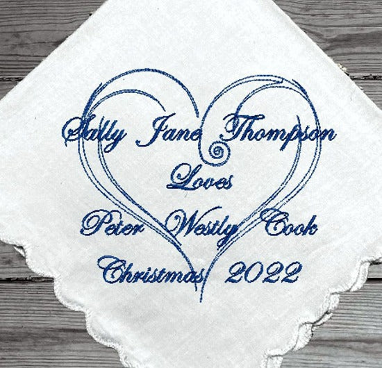 This elegant engagement handkerchief embroidered, is 11" x 11" with scalloped edges, will make a great keepsake or can be used daily, not a paper throwaway. A gift for the family and friends, gift from the bride and room. Custom and personalized just for you. A great keepsake of a wonderful occasion - Borgmanns Creations - 1
