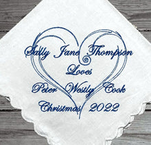 Load image into Gallery viewer, This elegant engagement handkerchief embroidered, is 11&quot; x 11&quot; with scalloped edges, will make a great keepsake or can be used daily, not a paper throwaway. A gift for the family and friends, gift from the bride and room. Custom and personalized just for you. A great keepsake of a wonderful occasion - Borgmanns Creations - 1
