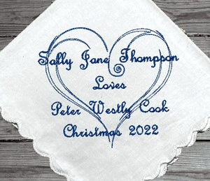 This elegant engagement handkerchief embroidered, is 11" x 11" with scalloped edges, will make a great keepsake or can be used daily, not a paper throwaway. A gift for the family and friends, gift from the bride and room. Custom and personalized just for you. A great keepsake of a wonderful occasion - Borgmanns Creations - 2