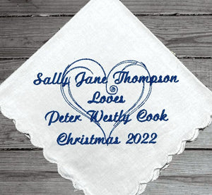 This elegant engagement handkerchief embroidered, is 11" x 11" with scalloped edges, will make a great keepsake or can be used daily, not a paper throwaway. A gift for the family and friends, gift from the bride and room. Custom and personalized just for you. A great keepsake of a wonderful occasion - Borgmanns Creations - 4