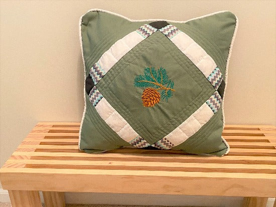 Pine cone pillow cover - denim material batting between top two layers, cord around edges, embroidered design, opens in the back, gift for mom , for sofa or bed, housewarming gift, birthday, anniversary 20" x 20" throw pillow cover to accent the room.  - Borgmanns Creations 