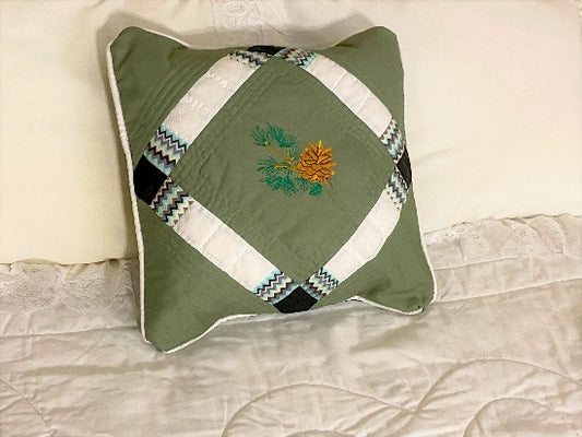 Fall pillow cover pine cone design - embroidered and quilted gift for mom -  sofa or bed decor for this Fall season - 20" x 20" green denim material, batting between top two layers, cord around edges - housewarming, birthday, anniversary gift - Borgmanns  Creations 1